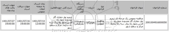 مناقصه، مناقصه عمومی یک مرحله ای ترمیم نوار حفاری گاز محدوده چهار راه قدس،چهار راه برق، سه راه سازما، مرکز و سطح شهر