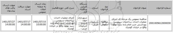 مناقصه، مناقصه عمومی یک مرحله ای اجرای عملیات احداث ساختمان سرویس بهداشتی جنب امام زاده سید بهلول واقع در خیابان کوچری