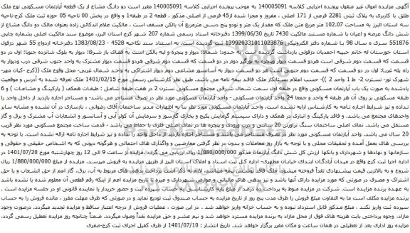 آگهی مزایده دو دانگ مشاع از یک قطعه آپارتمان مسکونی نوع ملک طلق با کاربری به پلاک ثبتی 2281 فرعی از 171 اصلی ، مفروز و مجزا شده از45 فرعی از اصلی 