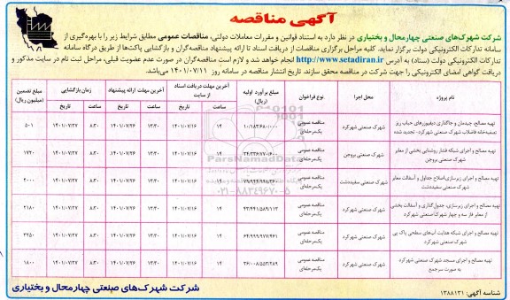 مناقصه تهیه ی مصالح چیدمان و جاگذاری دیفیوزهای حباب ریز....
