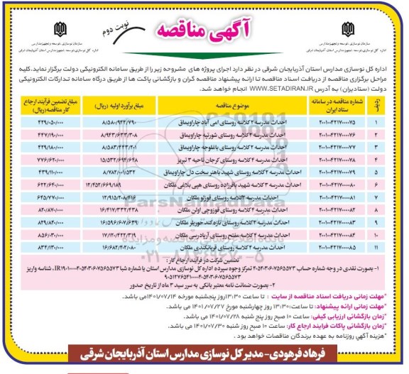 مناقصه احداث مدرسه 2 کلاسه روستای... نوبت دوم