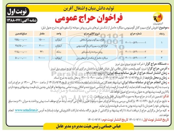 مزایده فروش انواع سیم و کابل آلومینیومی