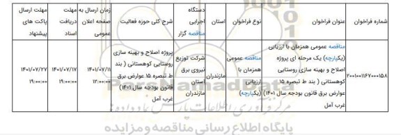 مناقصه، مناقصه عمومی همزمان با ارزیابی (یکپارچه) یک مرحله ای پروژه اصلاح و بهینه سازی روستایی کوهستانی ( بند ط تبصره 15 عوارض برق قانون بودجه سال 1401)	غرب آمل
