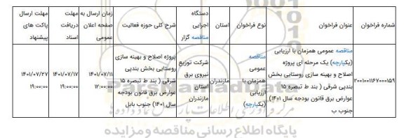مناقصه، مناقصه عمومی همزمان با ارزیابی (یکپارچه) یک مرحله ای پروژه اصلاح و بهینه سازی روستایی بخش بندپی شرقی     ( بند ط تبصره 15 عوارض برق قانون بودجه سال 1401)	جنوب ب