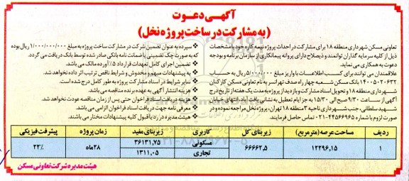 آگهی دعوت (به مشارکت در ساخت پروژه نخل)