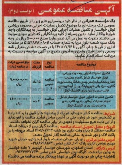 تکمیل عملیات اجرایی محدوده ریزشی تونل خوانسار...نوبت دوم