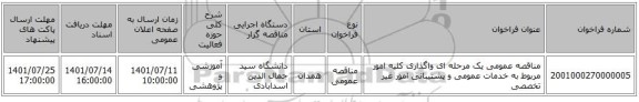 مناقصه، مناقصه عمومی یک مرحله ای واگذاری کلیه امور مربوط به خدمات عمومی و پشتیبانی امور غیر تخصصی