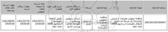 مناقصه، مناقصه عمومی همزمان با ارزیابی (یکپارچه) یک مرحله ای تکمیل کارهای باقیمانده استادیوم 5000 نفری خوی