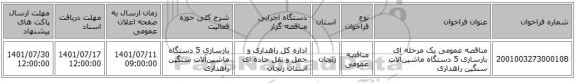 مناقصه، مناقصه عمومی یک مرحله ای بازسازی 5 دستگاه ماشین‌آلات سنگین راهداری