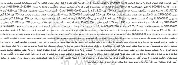 آگهی مزایده 1- النگو پهن تسمه ای طلای زرد، عیار 750، وزن 12.23 گرم و...