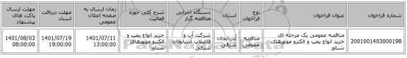 مناقصه، مناقصه عمومی یک مرحله ای خرید انواع پمپ و الکترو موتورهای شناور