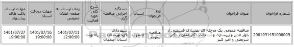 مناقصه، مناقصه عمومی یک مرحله ای بهسازی قسمتی از بلوار غدیر و زیرسازی و آسفالت دکتر مفتح ، دکتر شریعتی و امیر کبیر