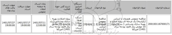 مناقصه، مناقصه عمومی همزمان با ارزیابی (یکپارچه) یک مرحله ای پروژه اصلاح و بهینه سازی روستایی ( بند ط تبصره 15 عوارض برق قانون بودجه سال 1401)	امیرکلا