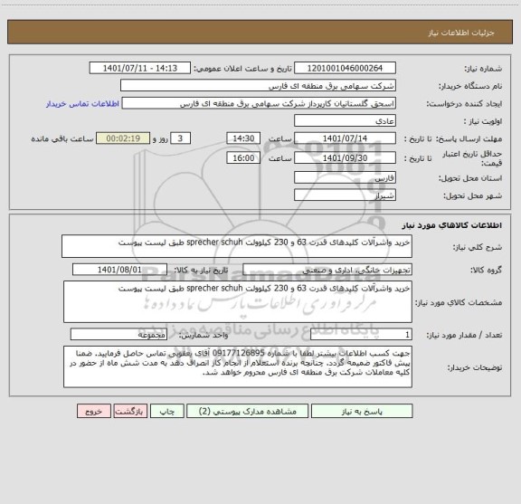استعلام خرید واشرآلات کلیدهای قدرت 63 و 230 کیلوولت sprecher schuh طبق لیست پیوست