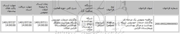 مناقصه، مناقصه عمومی یک مرحله ای واگذاری خدمات خودرویی شبکه بهداشت و مراکز بهداشتی وبیمارستان فارابی