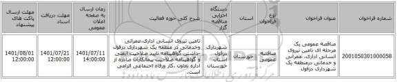 مناقصه، مناقصه عمومی یک مرحله ای تامین نیروی انسانی اداری، عمرانی و خدماتی درمنطقه یک شهرداری دزفول