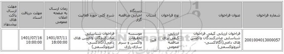 مناقصه، فراخوان ارزیابی کیفی فراخوان شناسایی صادرکنندگان واکسن های دامی(آگالاکسی- آنتروتوکسمی)