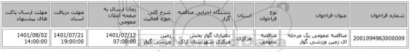 مناقصه، مناقصه عمومی یک مرحله ای زمین ورزشی گوار
