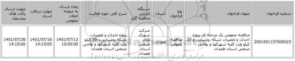 مناقصه، مناقصه عمومی یک مرحله ای پروژه احداث و تعمیرات شبکه روشنایی و 20 کیلو ولت کلیه شهرکها و نواحی صنعتی استان همدان