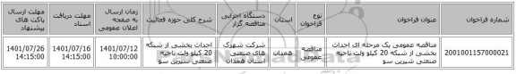 مناقصه، مناقصه عمومی یک مرحله ای احداث بخشی از شبکه 20 کیلو ولت ناحیه صنعتی شیرین سو