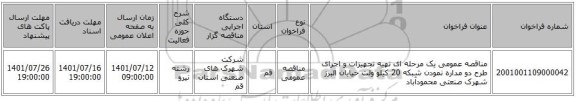 مناقصه، مناقصه عمومی یک مرحله ای تهیه تجهیزات و اجرای طرح دو مداره نمودن شبکه 20 کیلو ولت  خیابان البرز شهرک صنعتی محمودآباد