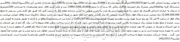 آگهی مزایده م 12سهم مشاع از 51666سهم مشاع از200سهم مشاع از25875سهم مشاع