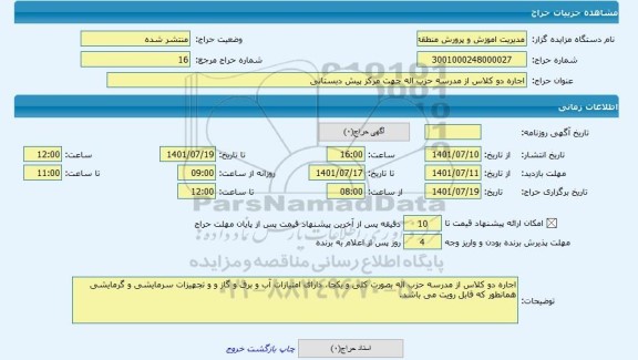مزایده ، اجاره دو کلاس از مدرسه حزب اله جهت مرکز پیش دبستانی