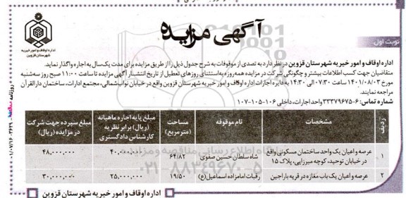 مزایده  عرصه و اعیان یک واحد ساختمان مسکونی و...