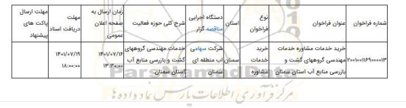 مناقصه، خرید خدمات مشاوره خدمات مهندسی گروههای گشت و بازرسی منابع آب استان سمنان