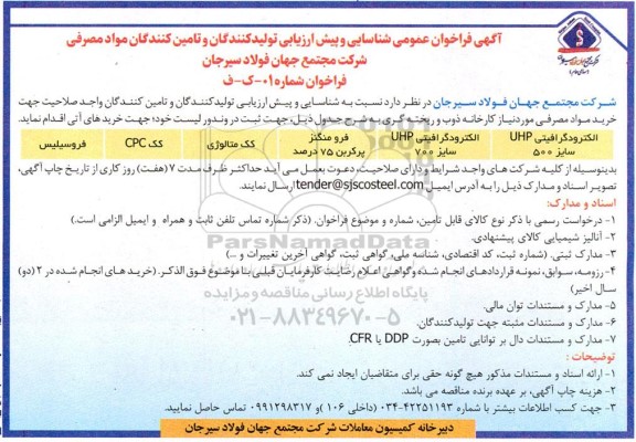 فراخوان عمومی شناسایی و پیش ارزیابی تولیدکنندگان و تامین کنندگان مواد مصرفی