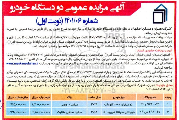مزایده فروش دو دستگاه خودروی مازاد