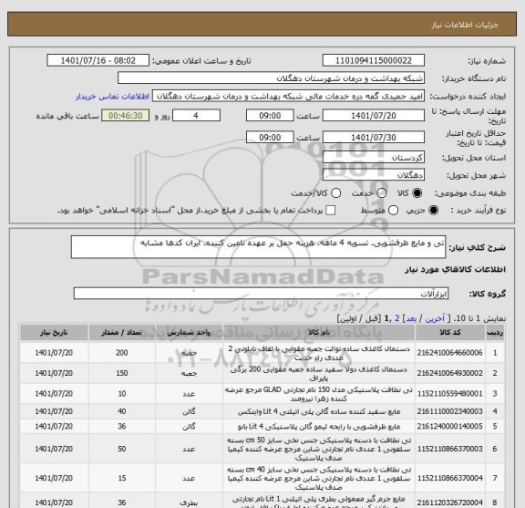 استعلام تی و مایع ظرفشویی. تسویه 4 ماهه. هزینه حمل بر عهده تامین کننده. ایران کدها مشابه