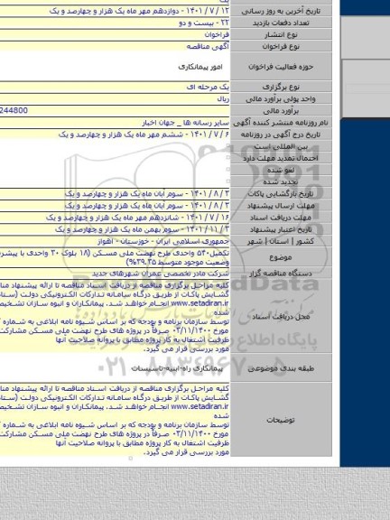 مناقصه, تکمیل۵۴۰ واحدی طرح نهضت ملی مسکن (۱۸ بلوک ۳۰ واحدی  با پیشرفت فیزیکی وضعیت موجود  متوسط ۳۹.۳۵%)
