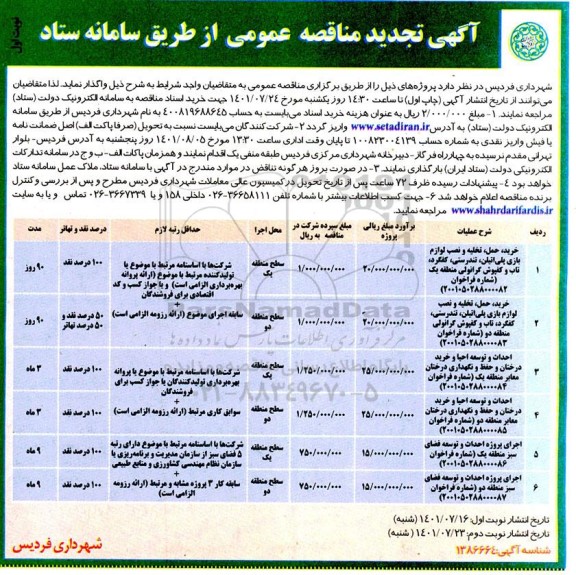 تجدید مناقصه خرید، حمل، تخلیه و نصب لوازم بازی پلی اتیلن، تندرستی ...