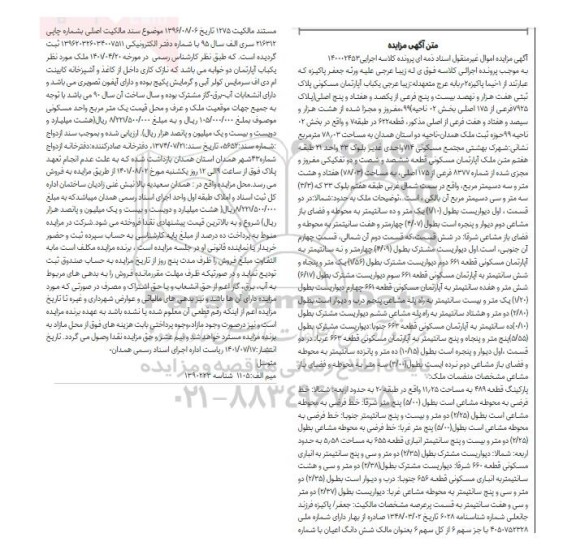 مزایده فروش یکباب آپارتمان مسکونی 
