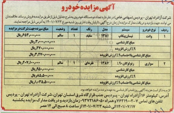 مزایده فروش تعداد دو دستگاه خودرو