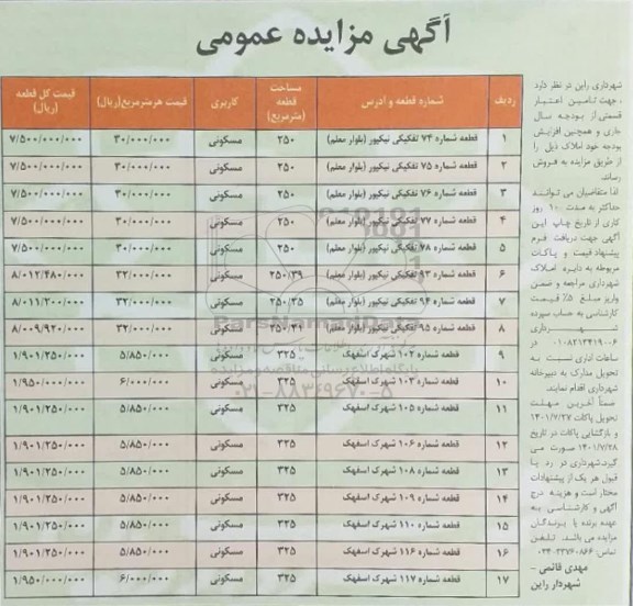 مزایده فروش 17 قطعه مسکونی