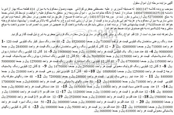 مزایده فروش 19 قلم انواع رنگ و سایر اقلام
