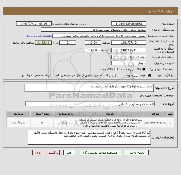 استعلام علمک شیر مخلوط و32 مورد دیگر طبق لیست پیوست