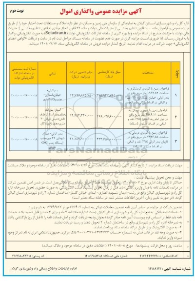 مزایده فروش املاک ومستغلات با کاربری گردشگری ، درمانی نوبت دوم 