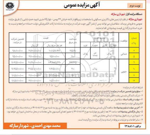 مزایده فروش زمین های با کاربری مسکونی - نوبت دوم