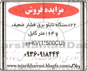 مزایده فروش 22 دستگاه تابلو برق فشار ضعیف و 164 متر کابل