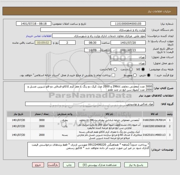 استعلام 3000 عدد آبمعدنی دماوند 296cc و 2000 عدد کیک دو رنگ با مغز کرم کاکائو فندقی دو قلو شیرین عسل و 2000 عدد آبمیوه سن ایچ در چند طعم