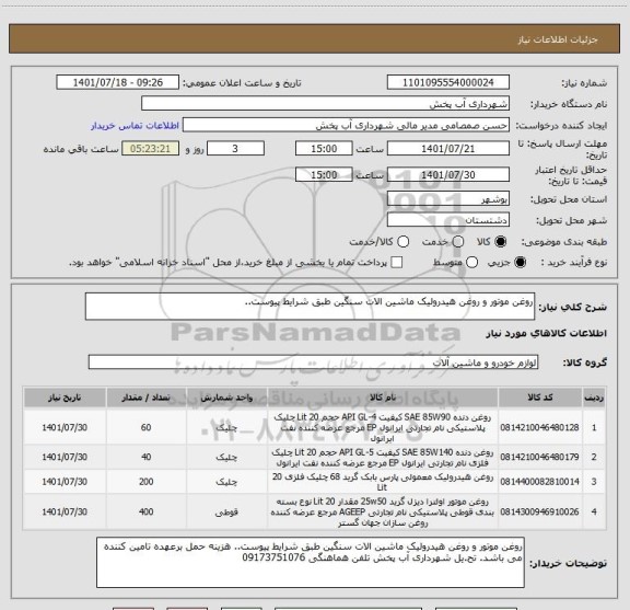 استعلام روغن موتور و روغن هیدرولیک ماشین الات سنگین طبق شرایط پیوست..