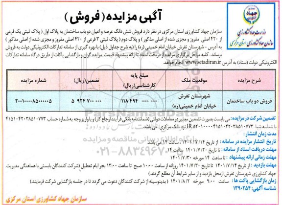 مزایده فروش ششدانگ عرصه و اعیان دو باب ساختمان