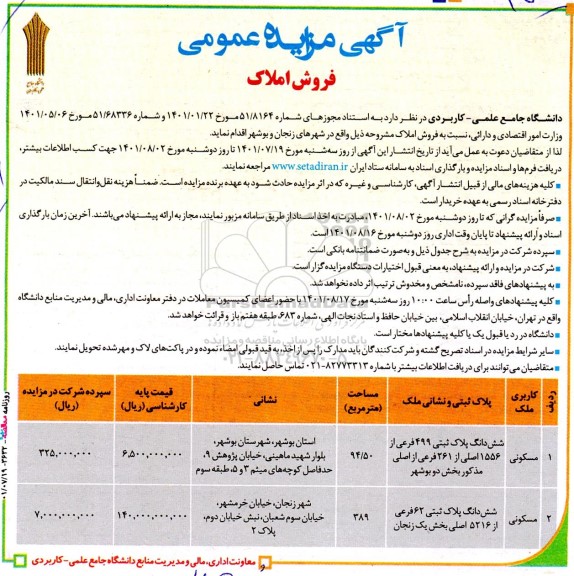 مزایده فروش املاک با کاربری مسکونی