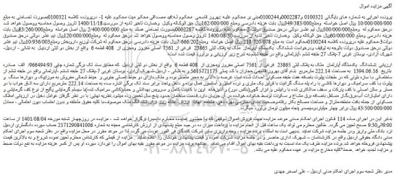 مزایده یکدستگاه آپارتمان  ملک به پلاک ثبتی 23865  فرعی از 7561 اصلی 