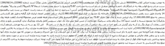 آگهی مزایده شش دانگ یک باب آپارتمان پلاک هزاروهفتصد(1700)فرعی ازسی وشش(36)اصلی