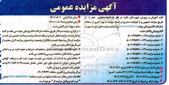 مزایده واگذاری 7 واحد تجاری