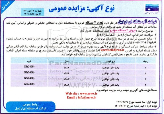 مزایده عمومی تعداد 4 دستگاه خودرو